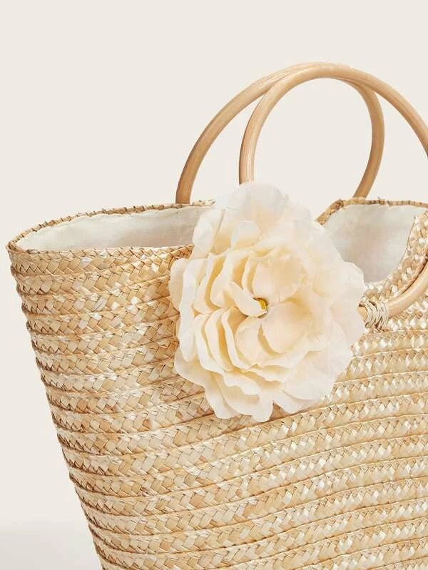 CM-BGS226508 Women Trendy Bohemian Style Floral Applique Decor Woven Tote Bag - Khaki