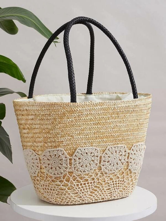 CM-BGS226051 Women Trendy Bohemian Style Braided Panel Woven Tote Bag - Beige