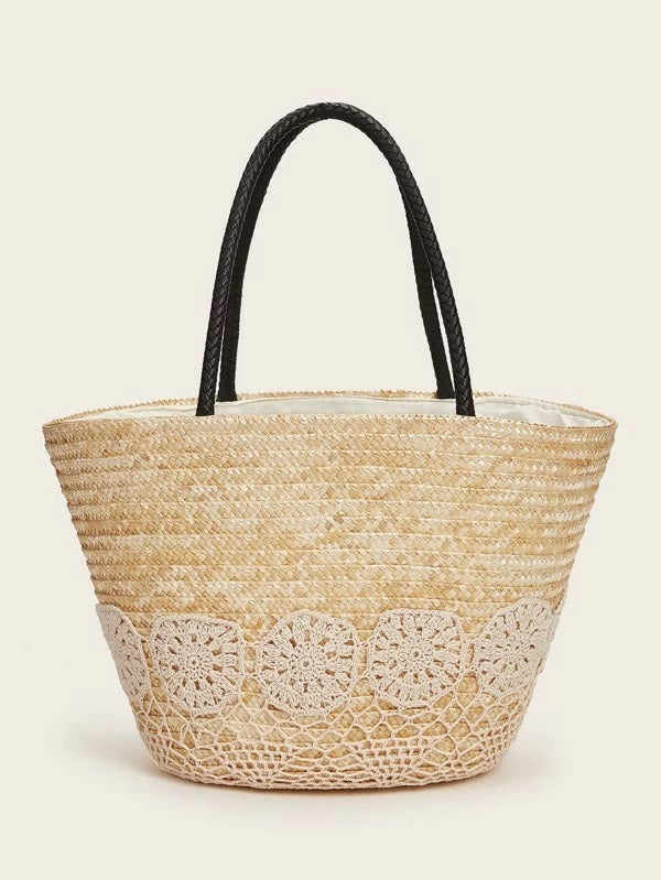 CM-BGS226051 Women Trendy Bohemian Style Braided Panel Woven Tote Bag - Beige