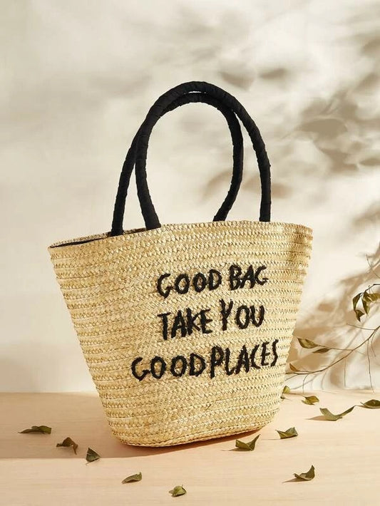 CM-BGS204533 Women Trendy Bohemian Style Letter Graphic Braided Satchel Bag - Khaki