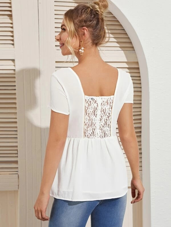 CM-TS303647 Women Casual Seoul Style Short Sleeve Lace Back Peplum Top - White