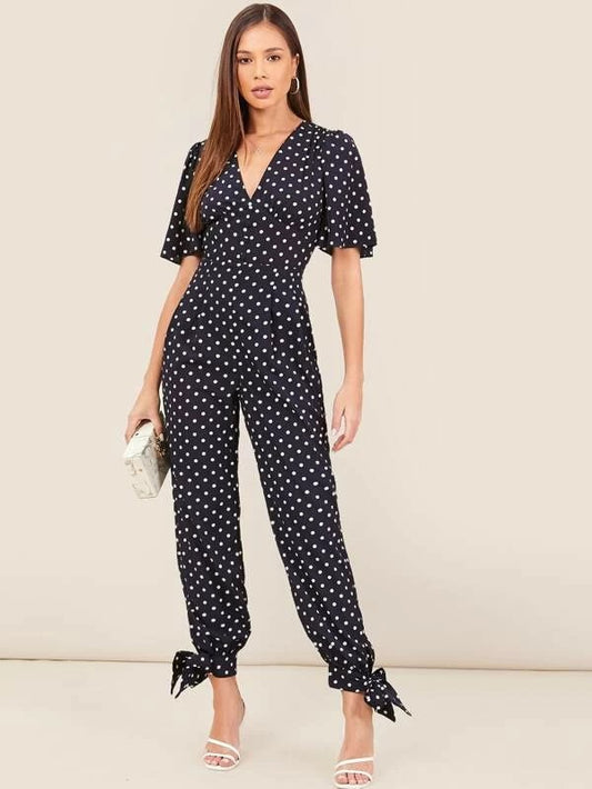 CM-JS221276 Women Casual Seoul Style Button Front Flutter Sleeve Knot Hem Polka Dot Jumpsuit