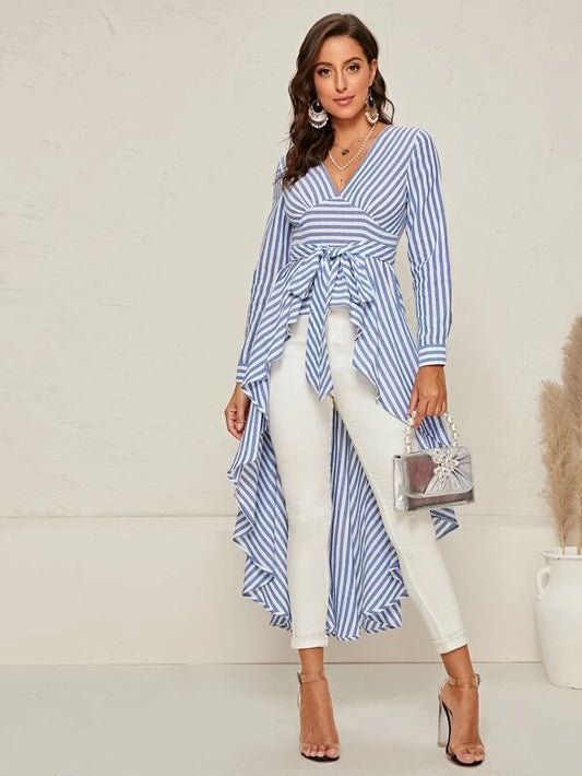 CM-TS227511 Women Elegant Seoul Style Long Sleeve Asymmetrical Hem Belted Striped Top - Blue