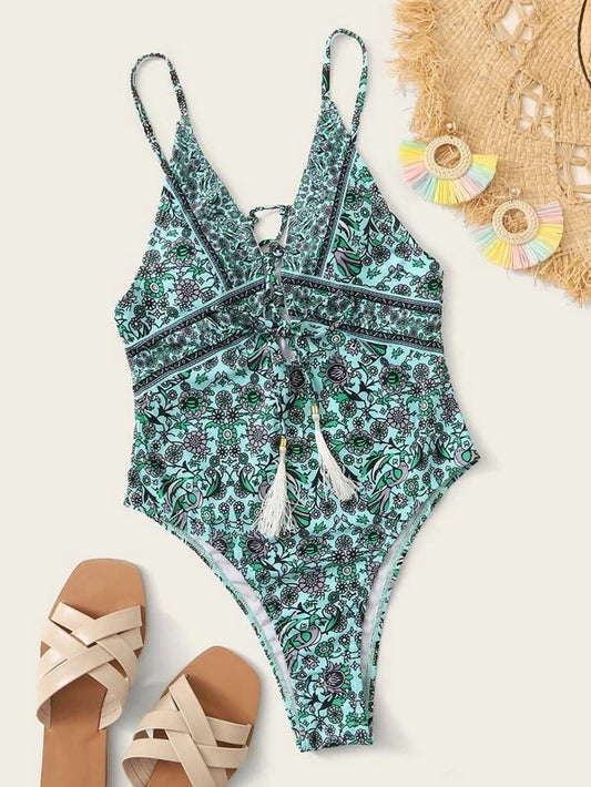 CM-SWS304200 Women Trendy Seoul Style Lace-Up Floral Print One Piece Swimsuit - Green