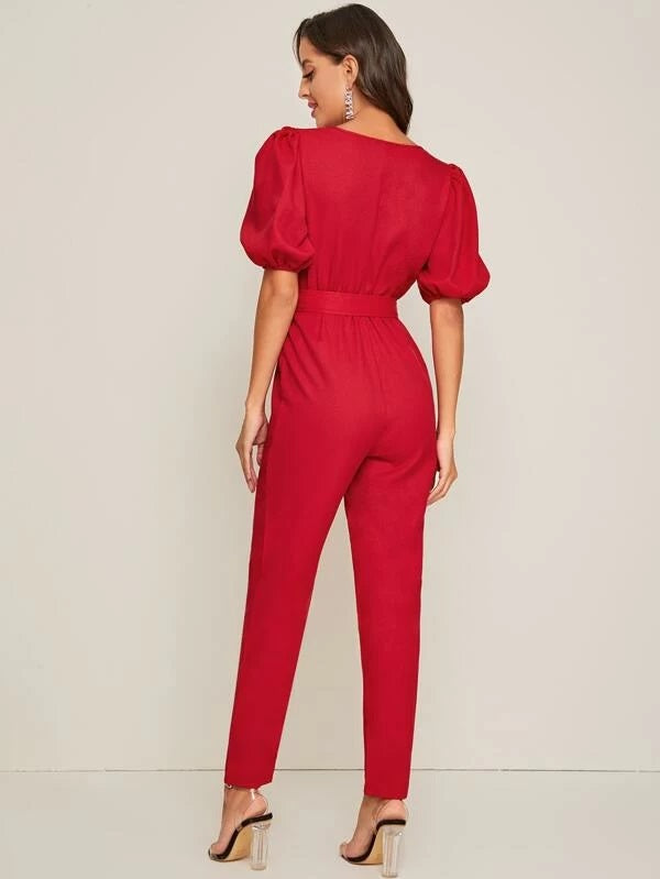 CM-JS221860 Women Elegant Seoul Style Surplice Neck Puff Sleeve Belted Jumpsuit - Red