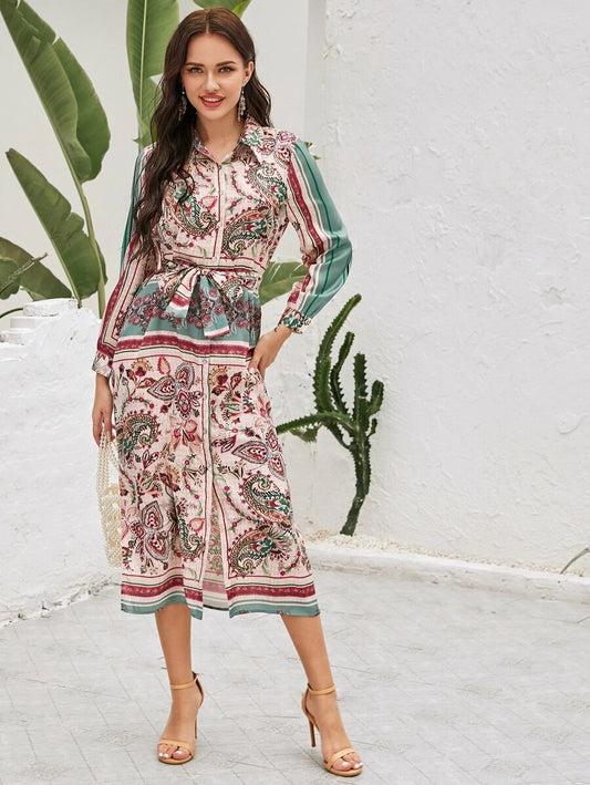 CM-DS302255 Women Trendy Bohemian Style Long Sleeve Tribal Print Striped Belted Shirt Dress