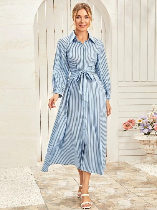 CM-DS228784 Women Casual Seoul Style Long Sleeve Vertical Striped Belted Shirt Dress - Blue