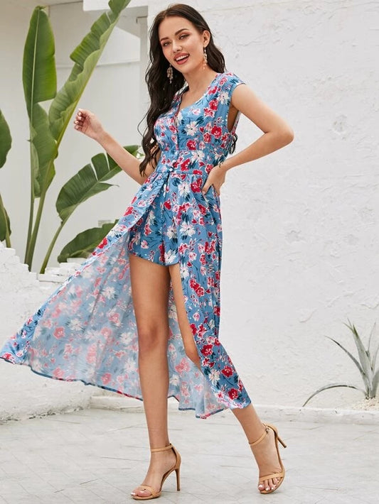 CM-JS228192 Women Casual Seoul Style V-Neck Button Front Floral Romper With Undetachable Skirt