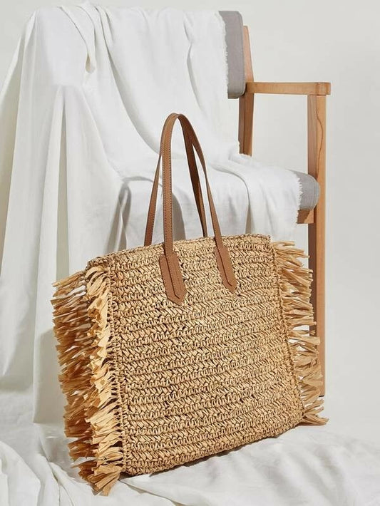 CM-BGS310213 Women Trendy Bohemian Style Fringe Trim Woven Tote Bag - Khaki