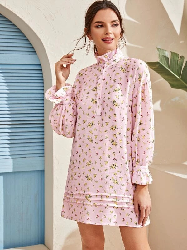 CM-DS309416 Women Casual Seoul Style Long Sleeve Floral Print Ruffle Neck Tunic Dress - Pink
