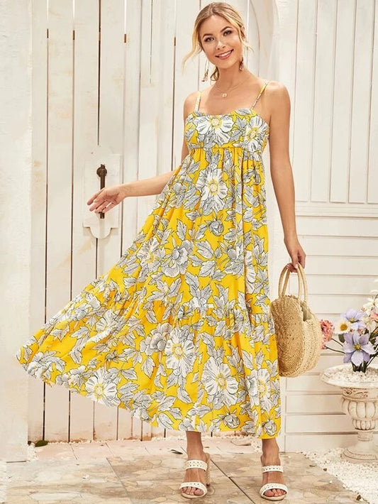 CM-DS302034 Women Casual Seoul Style Sleeveless Large Floral Ruffle Hem Cami Dress - Yellow