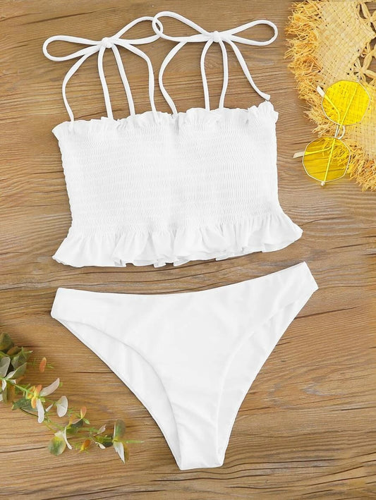 CM-SWS311239 Women Trendy Seoul Style Smocked Frill Tie Shoulder Bikini Swimsuit - White