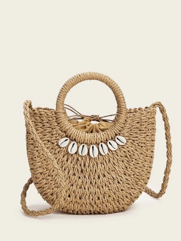 CM-BGS305430 Women Trendy Bohemian Style Shell Decor Braided Satchel Bag - Brown