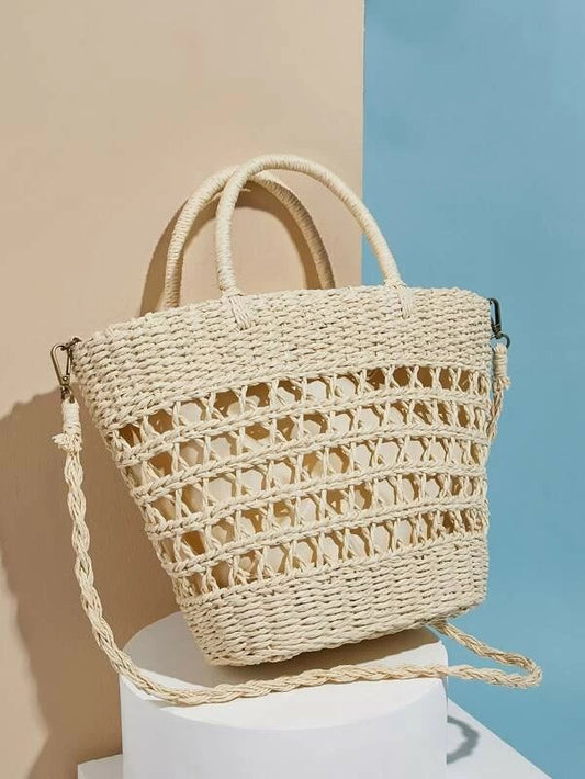 CM-BGS305788 Women Trendy Bohemian Style Minimalist Braided Satchel Bag - Beige