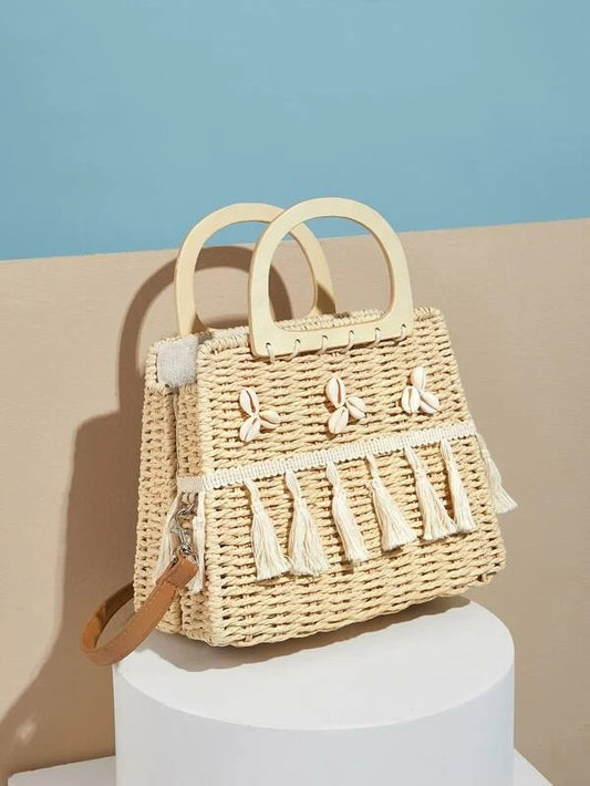 CM-BGS310846 Women Trendy Bohemian Style Tassel And Shell Metal Handle Crochet Satchel Bag