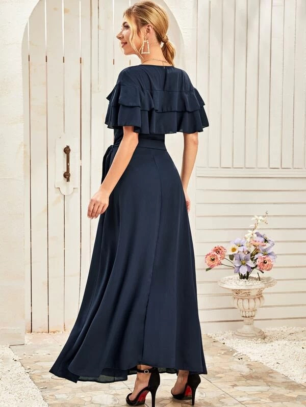 CM-DS305195 Women Elegant European Style Short Sleeve Ruffle Trim Wrap Belted Dress - Navy Blue