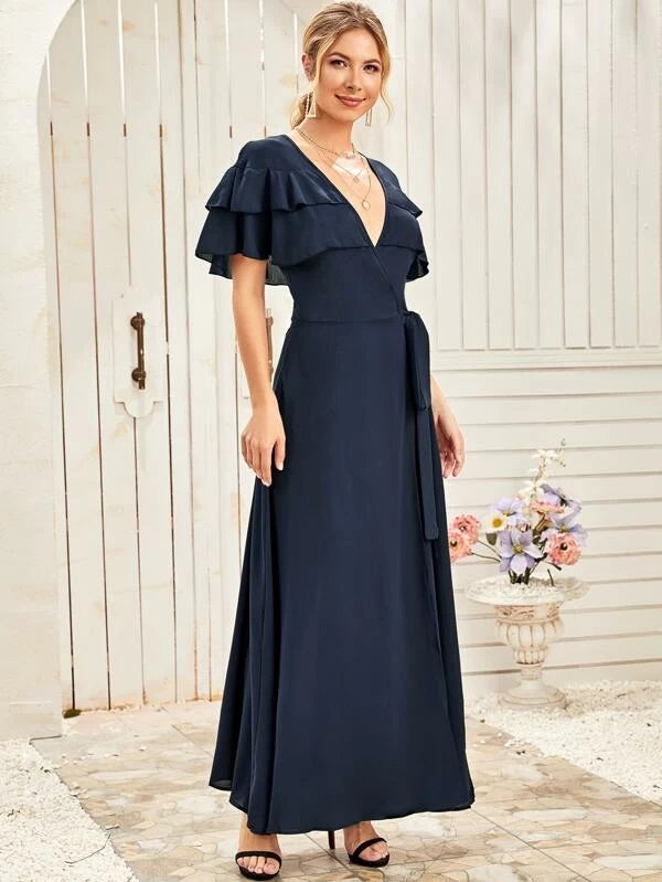 CM-DS305195 Women Elegant European Style Short Sleeve Ruffle Trim Wrap Belted Dress - Navy Blue