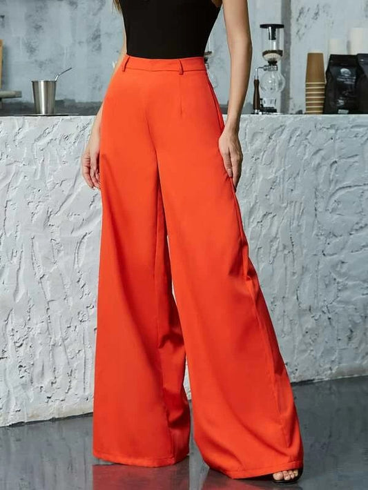 CM-BS305335 Women Elegant Seoul Style Mid Waist Double Crazy Zip Back Wide Leg Pants - Orange
