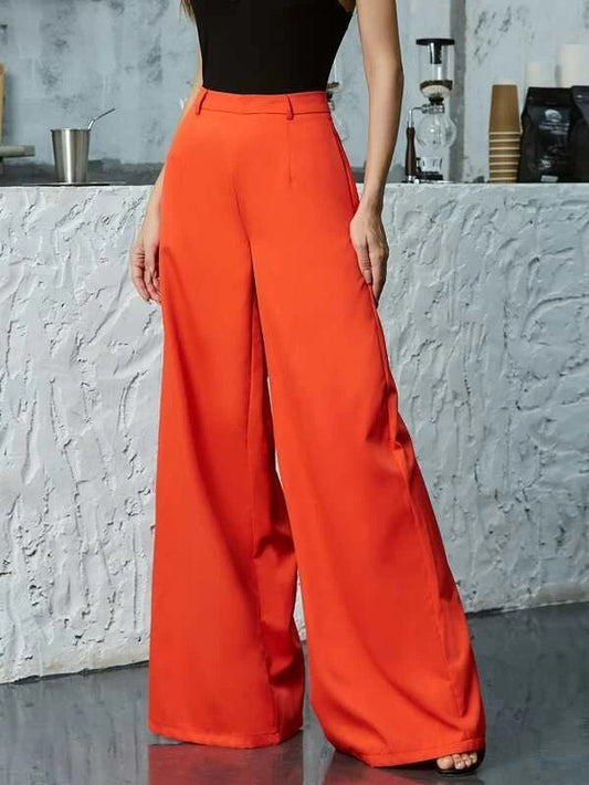 CM-BS305335 Women Elegant Seoul Style Mid Waist Zip Back Wide Leg Pants - Orange