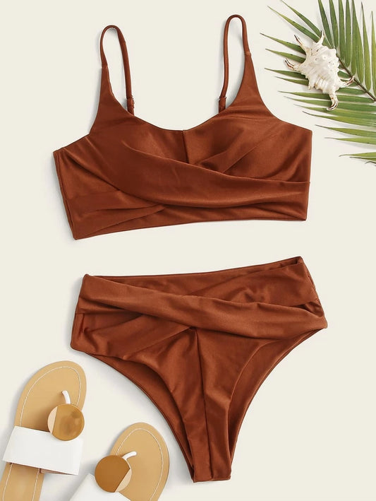 CM-SWS313467 Women Trendy Seoul Style Solid Twist Front Wrap Bikini Swimsuit - Brown