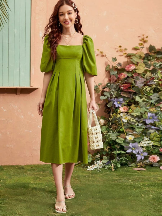 CM-DS309881 Women Elegant European Style Solid Square Neck Puff Sleeve Long Dress - Green