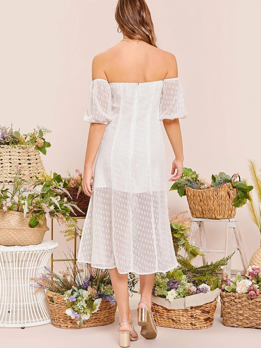 CM-DS305957 Women Elegant European Style Off Shoulder Puff Sleeve Applique Jacquard Dress - White