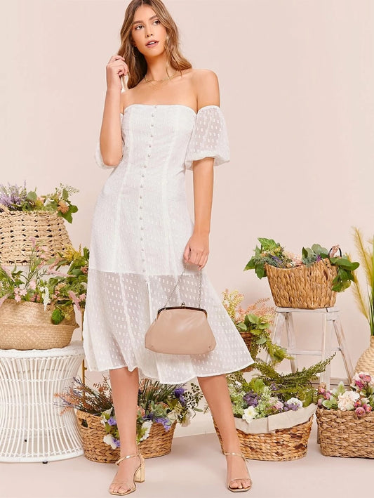 CM-DS305957 Women Elegant European Style Off Shoulder Puff Sleeve Applique Jacquard Dress - White