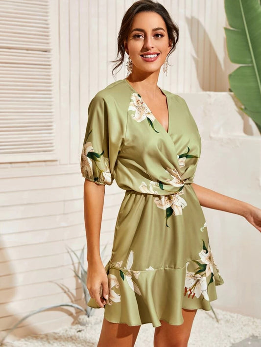 CM-DS311904 Women Casual Seoul Style V-Neck Floral Print Twist Front A-Line Short Dress - Green