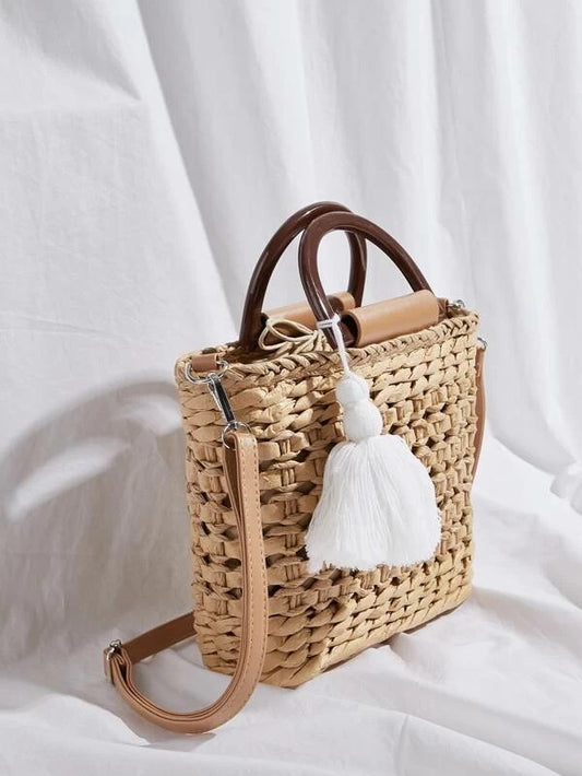 CM-BGS318583 Women Trendy Seoul Style Tassel Charm Braided Satchel Bag - Khaki