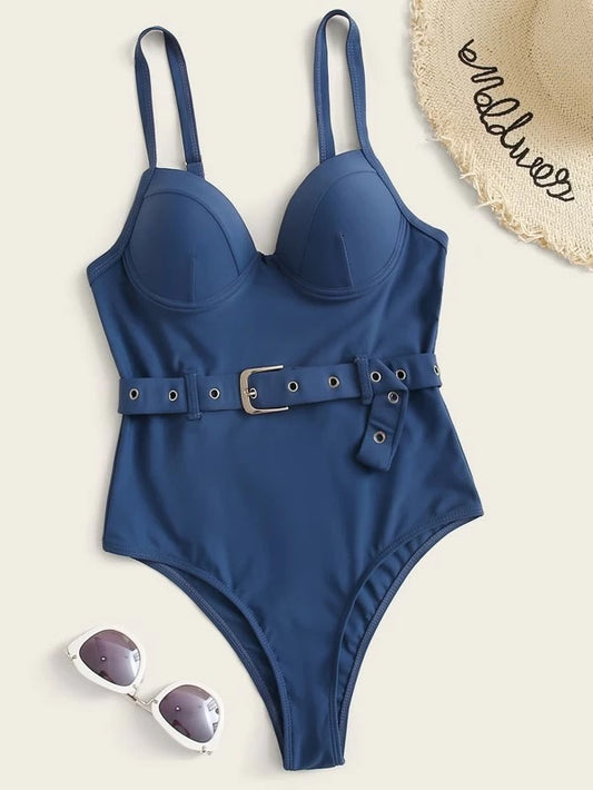 CM-SWS228799 Women Trendy Seoul Style Underwired Belted One Piece Swimsuit - Blue