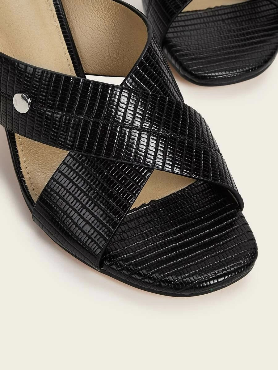 CM-SHS319025 Women Casual Seoul Style Embossed Cross Strap Chunky Heeled Mules