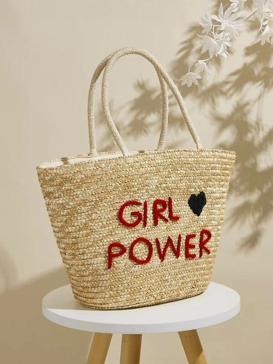 CM-BGS319193 Women Trendy Bohemian Style Letter Graphic Braided Tote Bag - Khaki