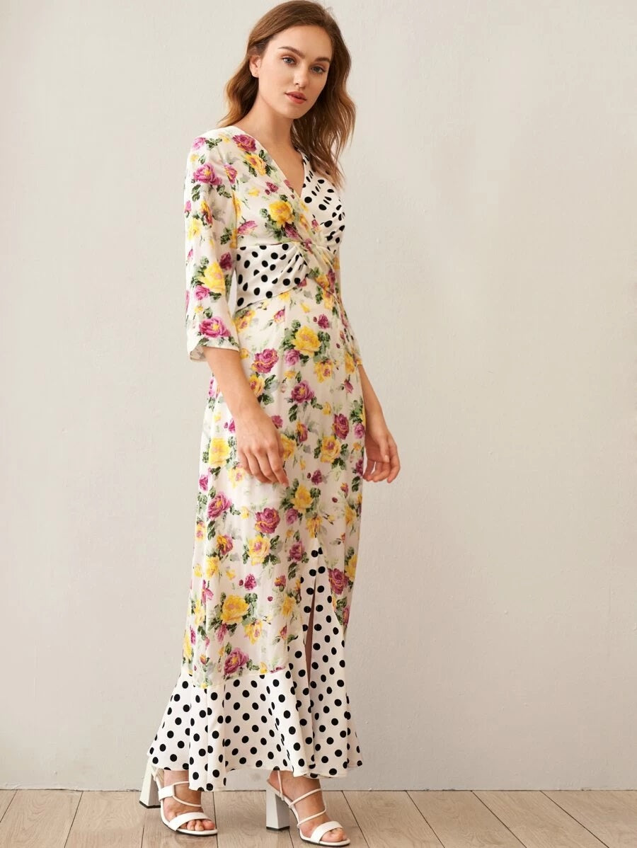 CM-DS224478 Women Elegant European Style Surplice Neck Split Ruffle Hem Polka Dot Floral Print Dress