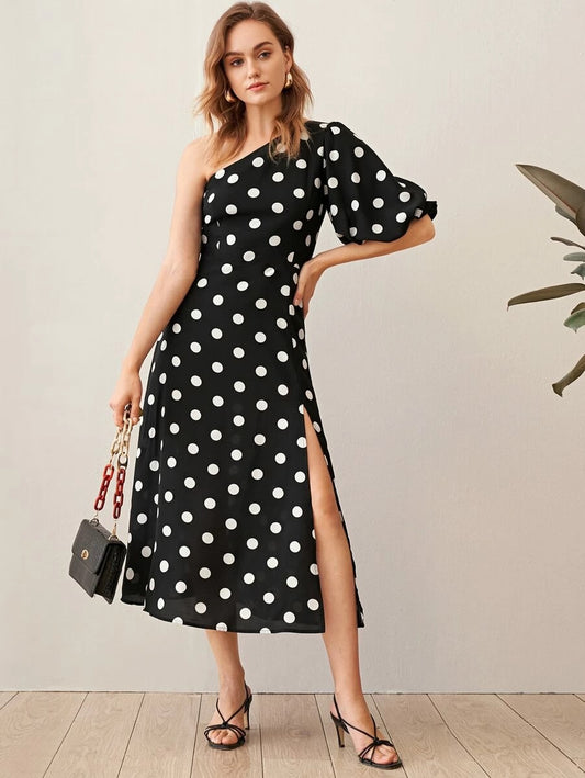 CM-DS110144 Women Casual Seoul Style One Shoulder Puff Sleeve Split Hem Polka Dot Dress - Black