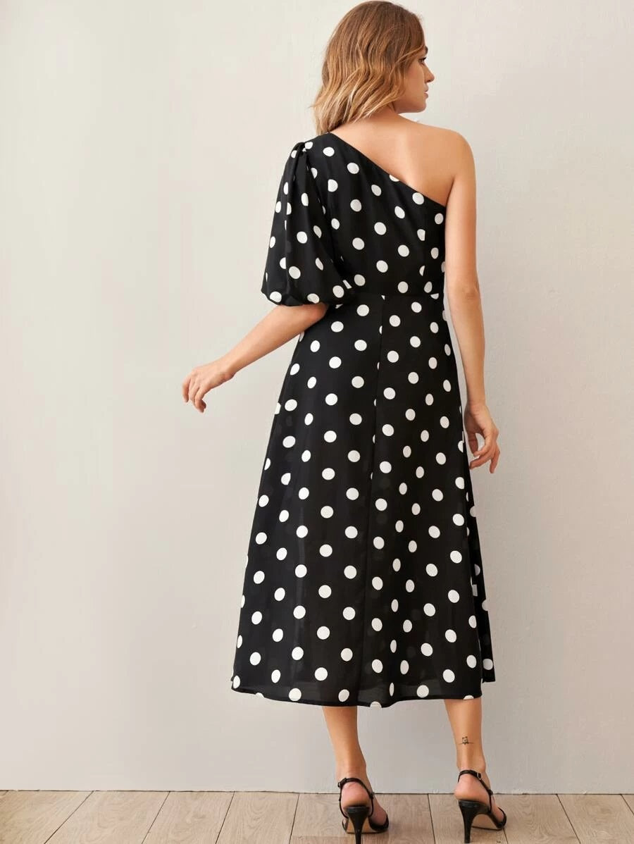 CM-DS110144 Women Casual Seoul Style One Shoulder Puff Sleeve Split Hem Polka Dot Dress - Black