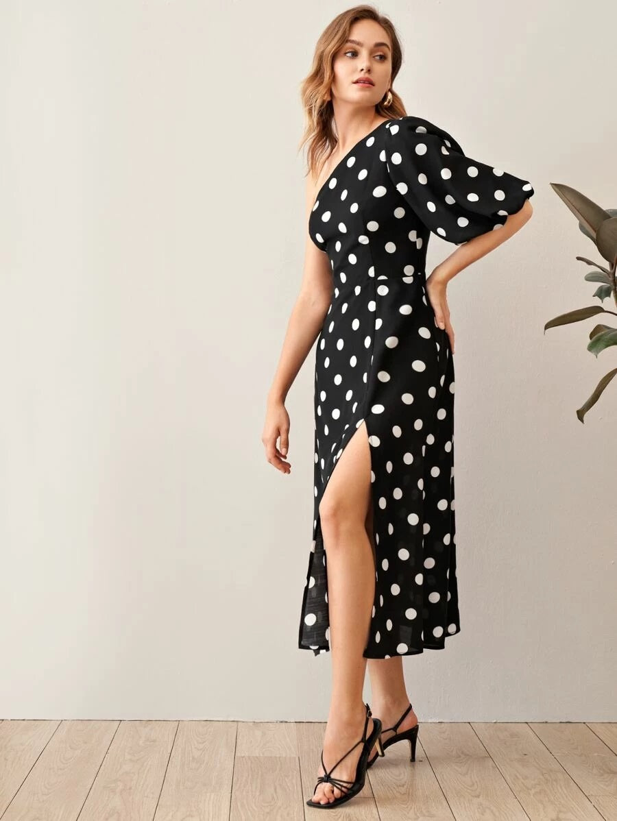 CM-DS110144 Women Casual Seoul Style One Shoulder Puff Sleeve Split Hem Polka Dot Dress - Black