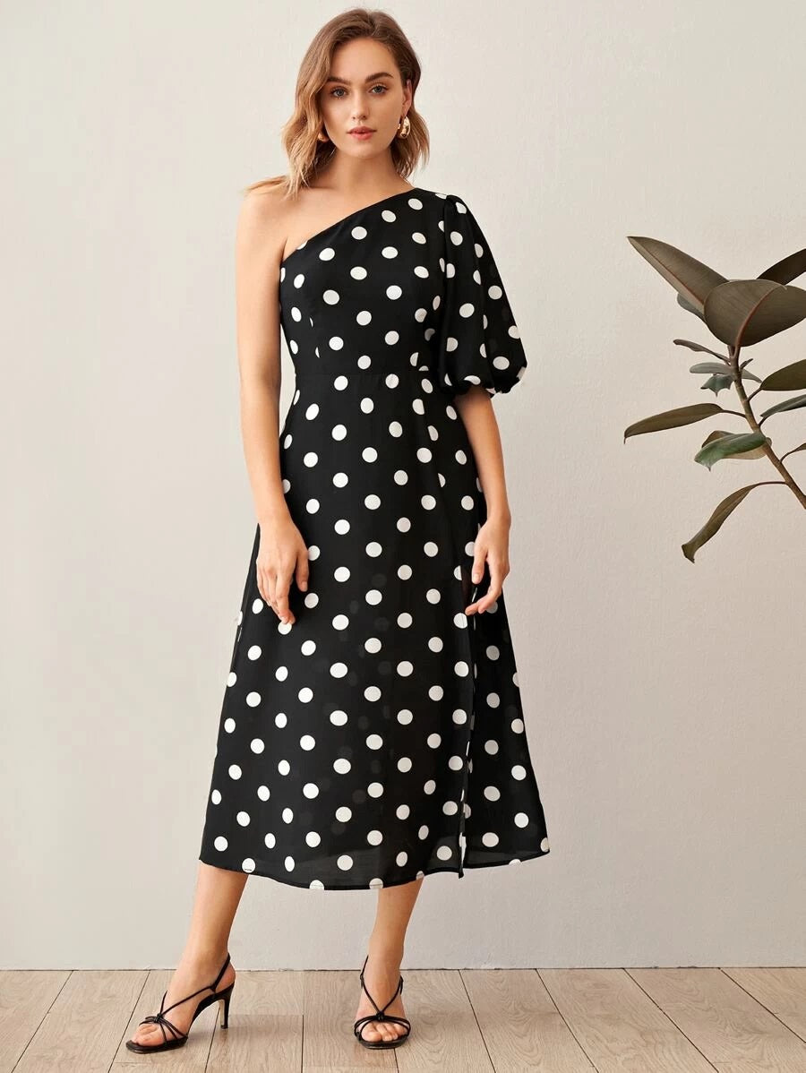 CM-DS110144 Women Casual Seoul Style One Shoulder Puff Sleeve Split Hem Polka Dot Dress - Black