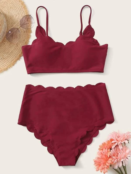 CM-SWS320726 Women Trendy Seoul Style Scallop Trim High Waisted Bikini Swimsuit - Red