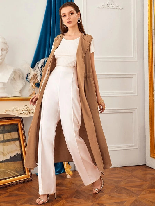 CM-CS320461 Women Elegant Seoul Style Pocket Side Drawstring Waist Single Breasted Longline Vest