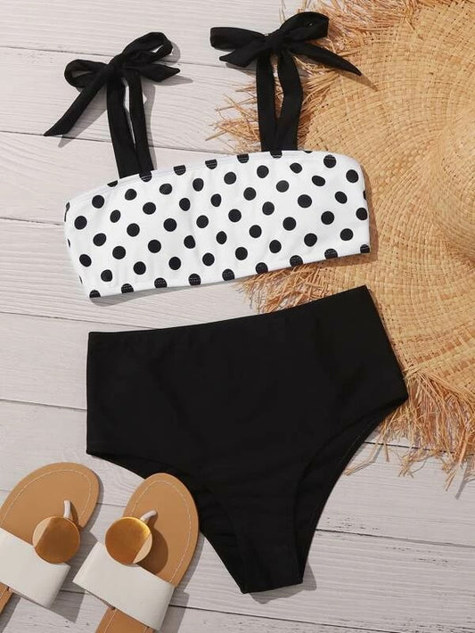 CM-SWS323483 Women Trendy Seoul Style Polka Dot Tie Shoulder High Waist Bikini Swimsuit