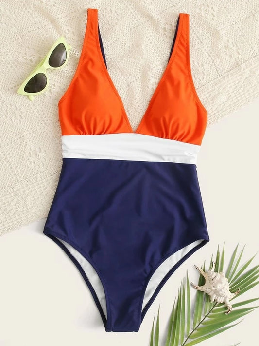 CM-SWS323297 Women Trendy Seoul Style V-Neck Color Block One Piece Swimsuit