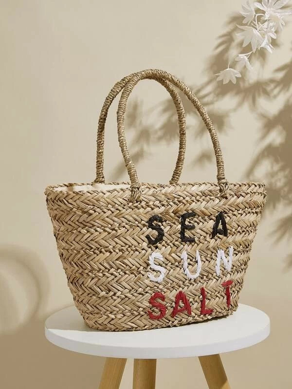 CM-BGS323456 Women Casual Bohemian Style Letter Graphic Woven Rattan Tote Bag - Khaki