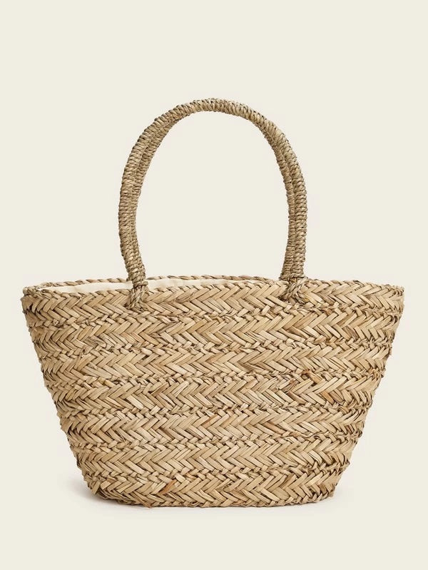 CM-BGS323456 Women Casual Bohemian Style Letter Graphic Woven Rattan Tote Bag - Khaki