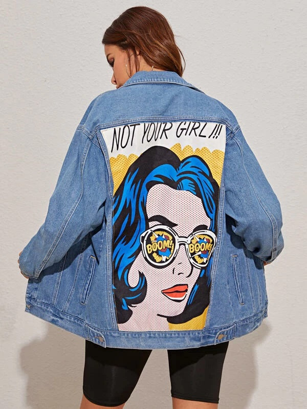 CM-CS904930 Women Casual Seoul Style Pop Art Print Back Trucker Denim Jacket