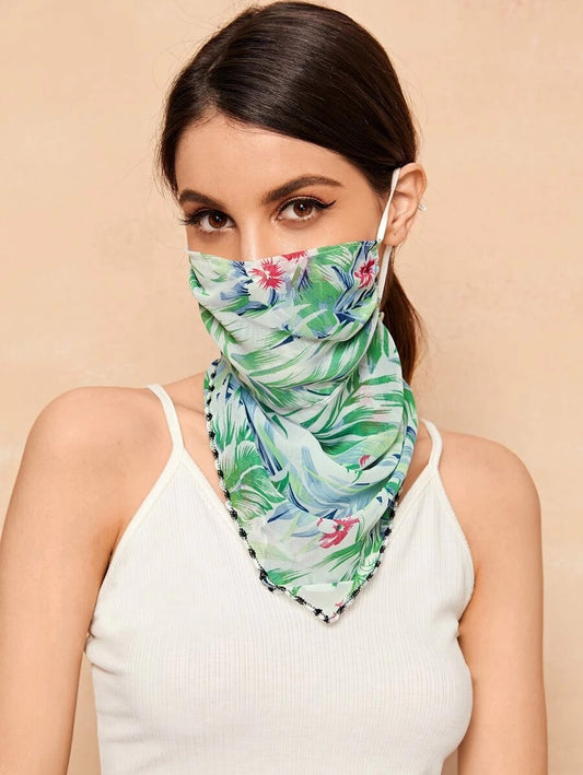 CM-FS317237 Women Leaf Print Sunscreen Scarf Mask