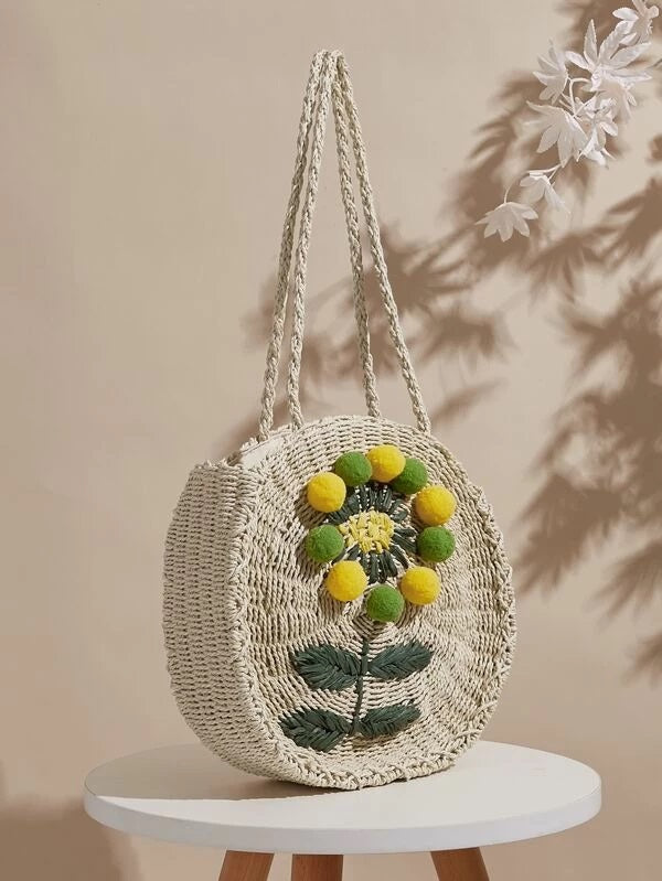 CM-BGS324515 Women Trendy Bohemian Style Pom-Pom Decor Braided Tote Bag - Beige