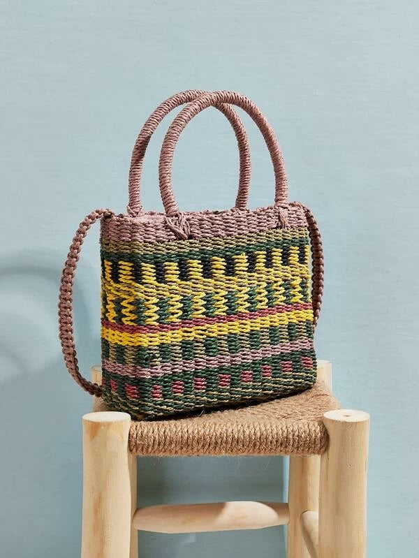 CM-BGS325336 Women Trendy Bohemian Style Color-Block Woven Raffia Satchel Bag