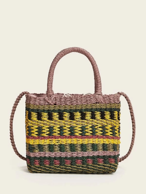 CM-BGS325336 Women Trendy Bohemian Style Color-Block Woven Raffia Satchel Bag