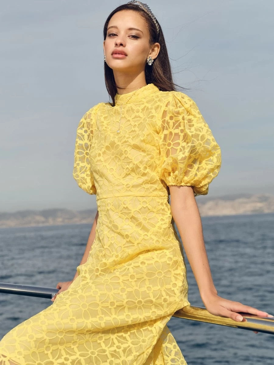 CM-DS206542 Women Elegant Seoul Style Mock-Neck Puff Sleeve Embroidery Mesh Dress - Yellow