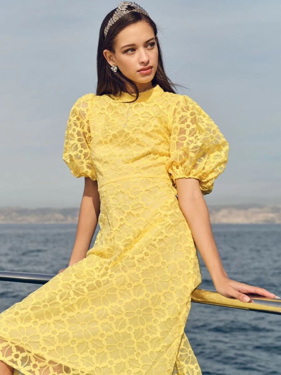 CM-DS206542 Women Elegant Seoul Style Mock-Neck Puff Sleeve Embroidery Mesh Dress - Yellow